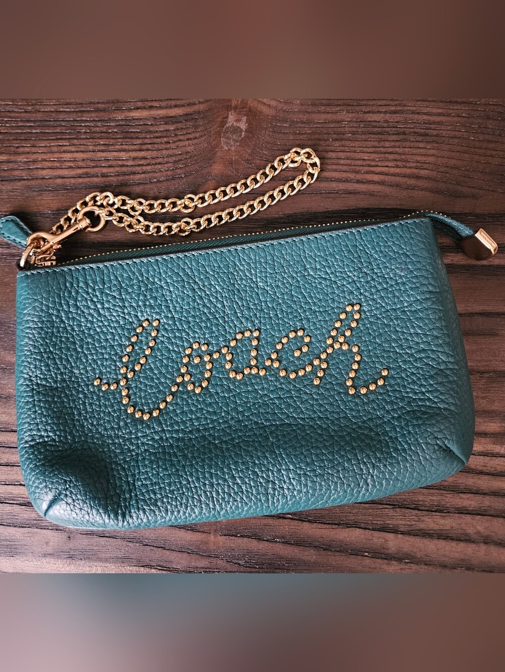 Coach Large Wristlet Teal Pebbled Leather Studded Script Logo F79890